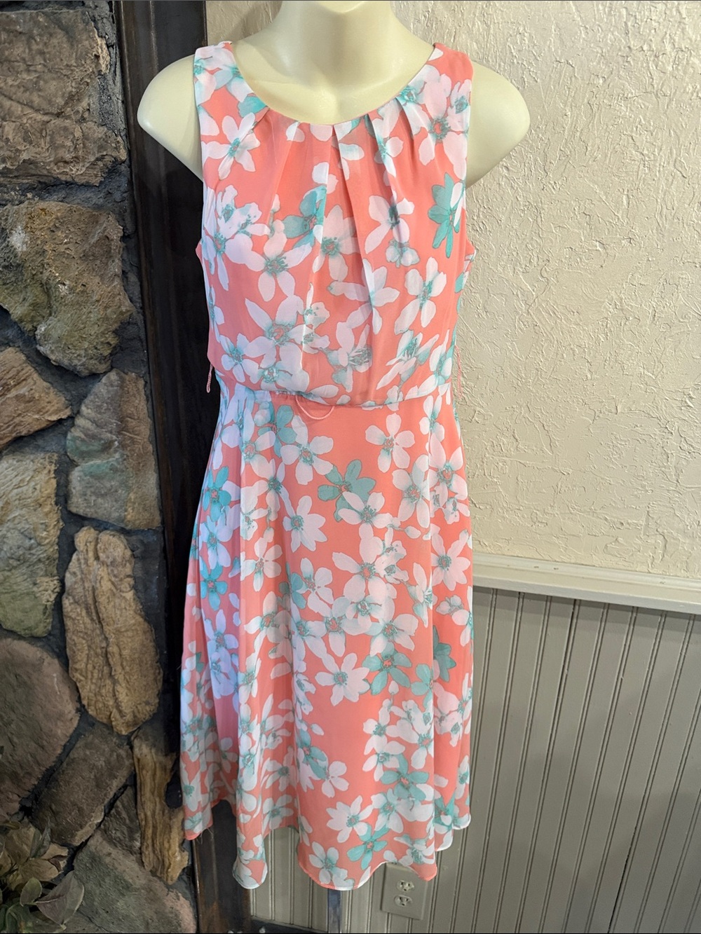 R&K Coral Floral Midi Dress with Mint Accents